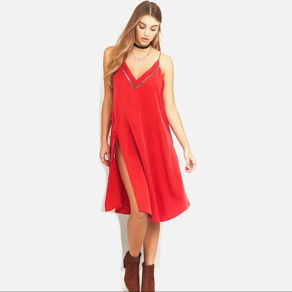 FREE PEOPLE RED TUNIC MIDI SLIP DRESS - Picture 10 of 11